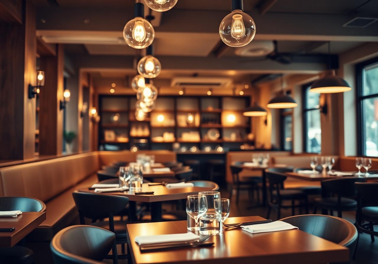 Warm modern restaurant interior with pendant lights