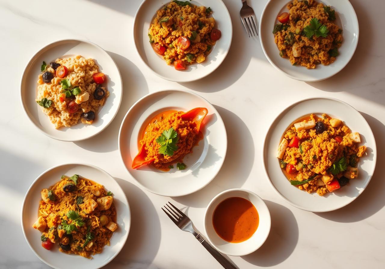Vegetarian dishes on white plates